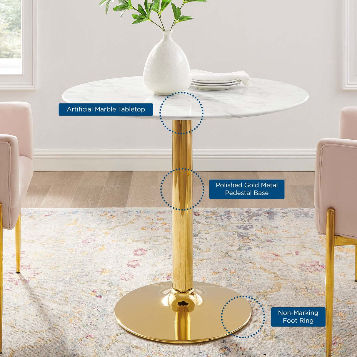 Verne Round Artificial Marble 35" Dining Table in Gold White