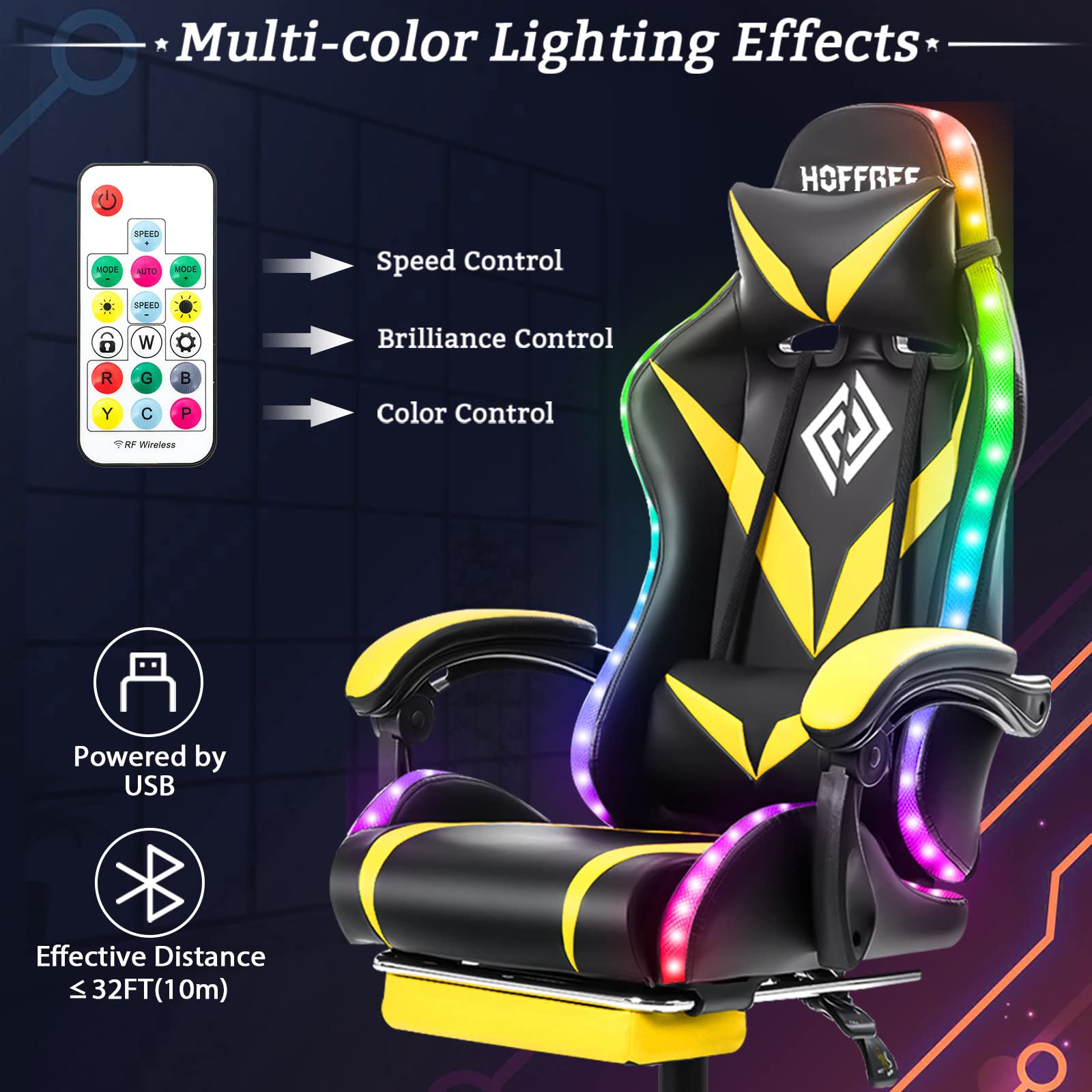 Ergonomic Gaming Chair with Massage, Bluetooth Speakers & RGB LED Lights