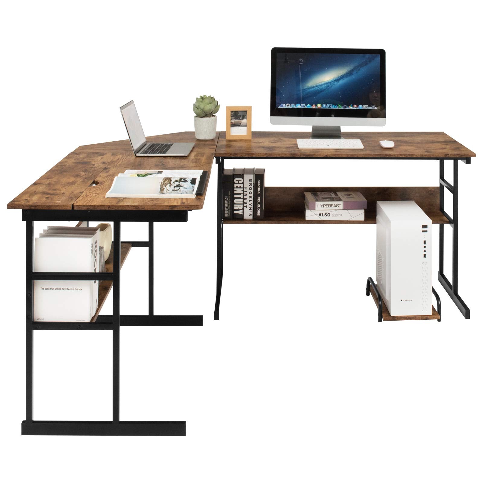 67 Inches L-Shaped Office Desk, Corner Computer Desk with Bottom Bookshelves & CPU