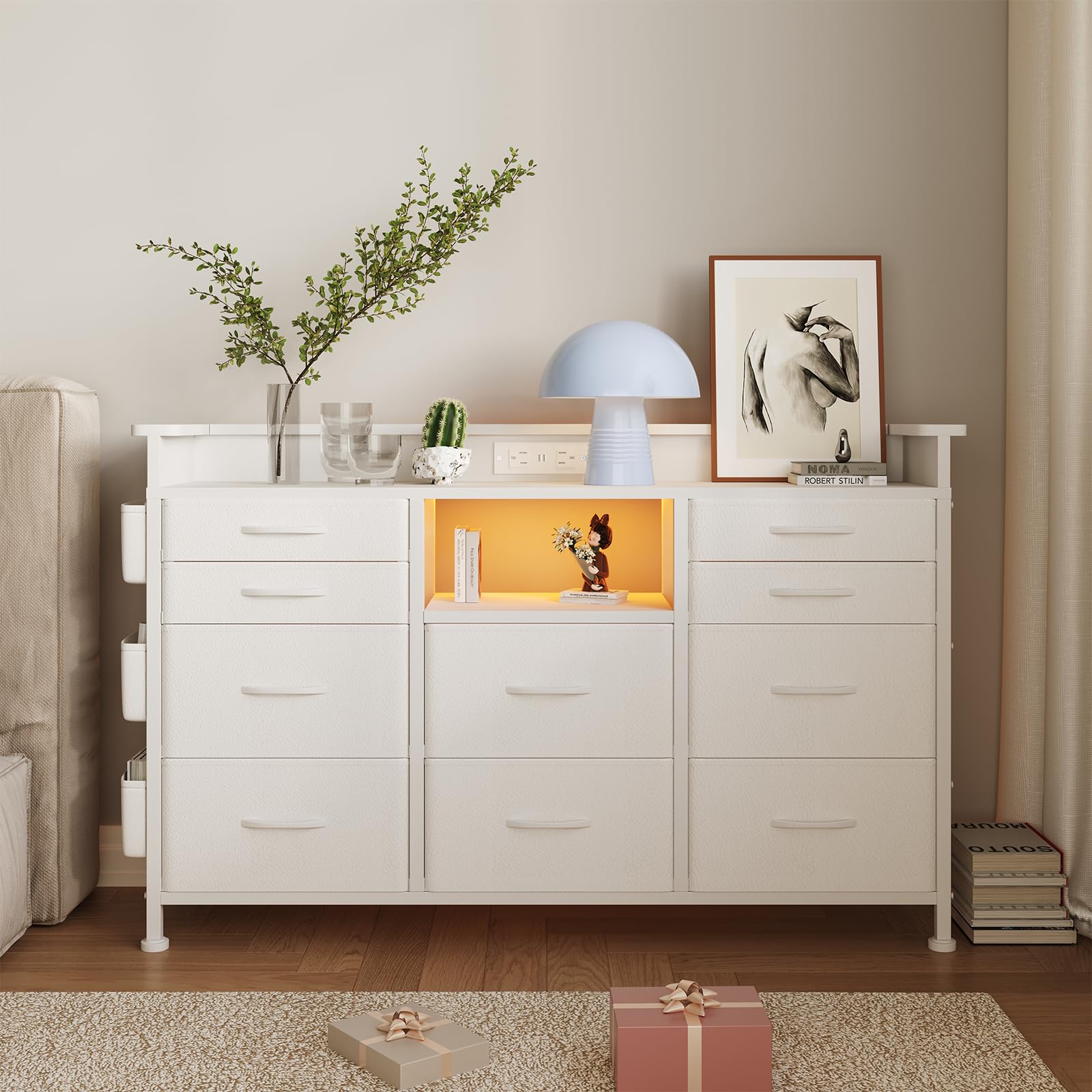 White Dresser with Charging Station and LED Lights, Dresser for Bedroom with 10 Drawers