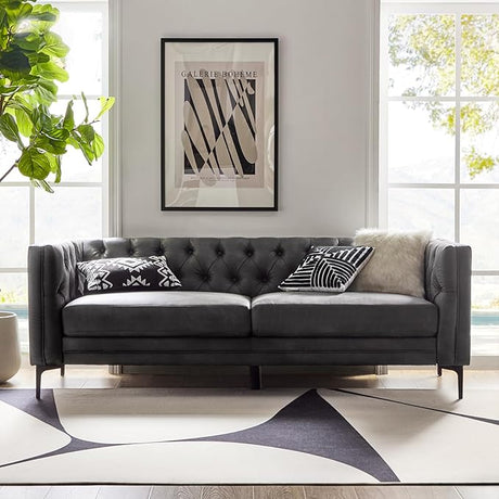 84" W Faux Leather Sofa Couch with Metal Legs, Button-Tufted 3-Seater Sofa