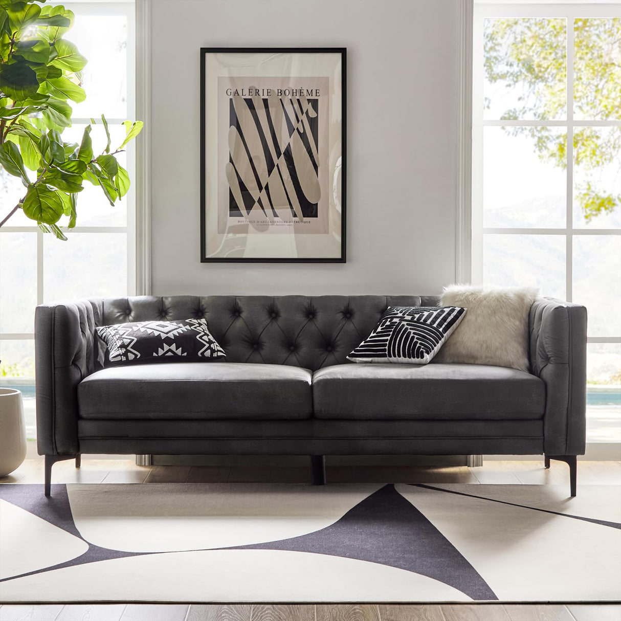 84" W Faux Leather Sofa Couch with Metal Legs, Button-Tufted 3-Seater Sofa