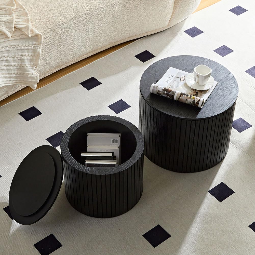 19.17'' Black Round Coffee Table with Storage Nesting Coffee Table