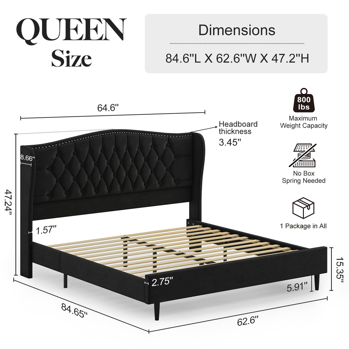 Queen Bed Frame with Upholstered Velvet Headboard - Black