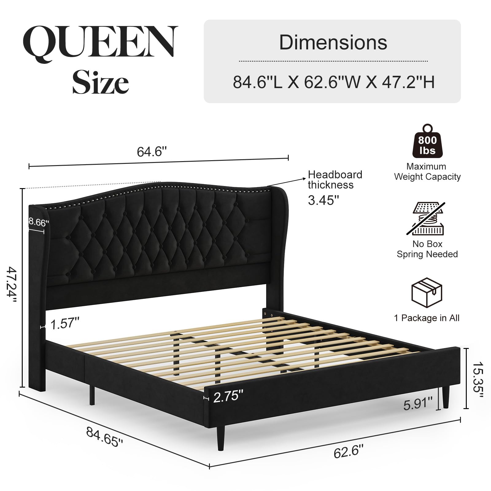 Queen Bed Frame with Upholstered Velvet Headboard - Black