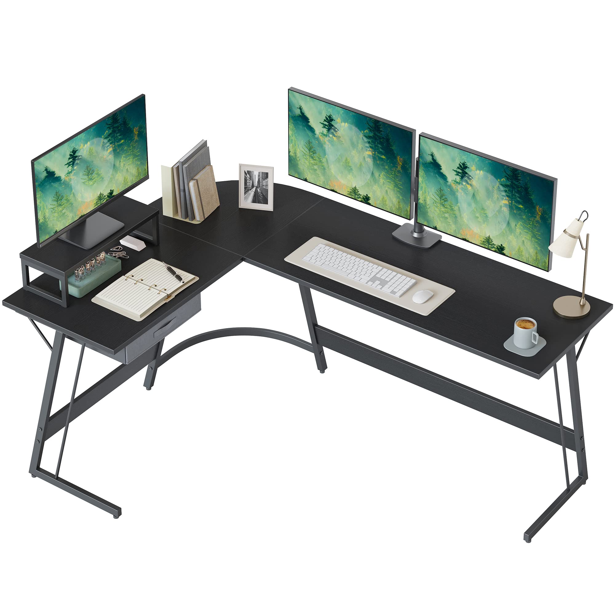 67 inch L Shaped Desk, Corner Computer Desk, Gaming Desk with Small Table and Drawer, Home Office Study Writing Workstation, Space-Saving, Black