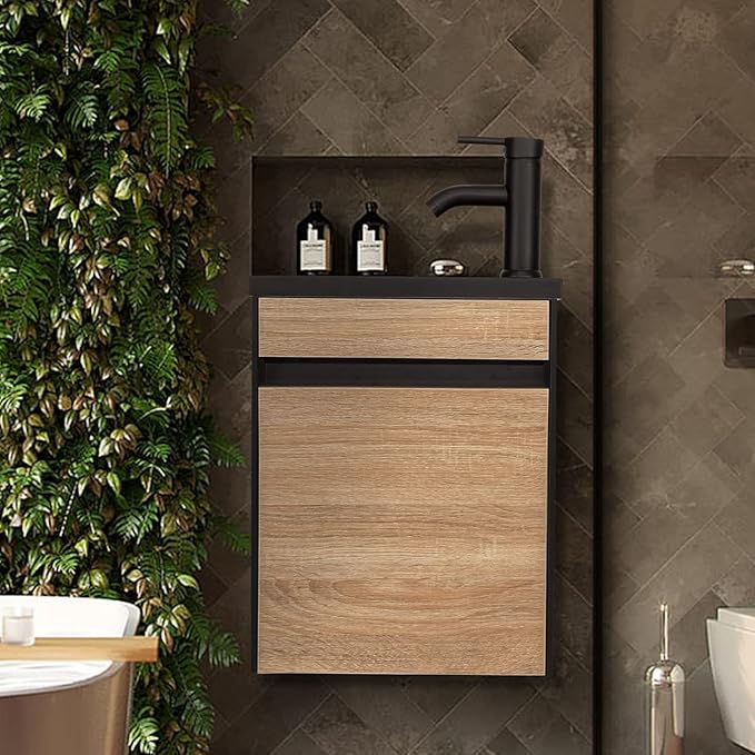 16" Small Bathroom Vanity Wall Mounted,White Small Bathroom Vanity with Ceramic Sink