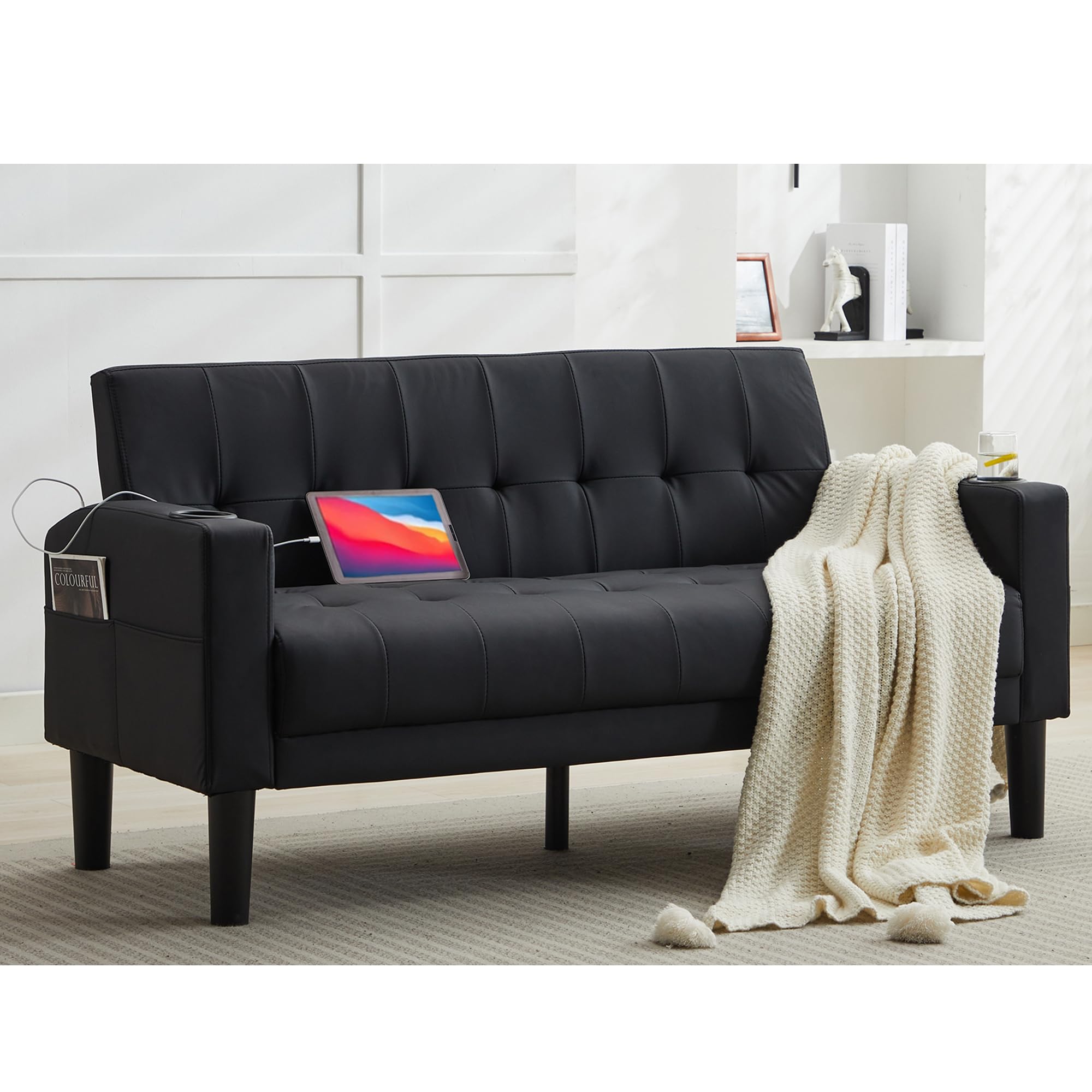 Sofa Couch 62" W Loveseat w/ 2 USB Charger Ports & 2 Cupholder