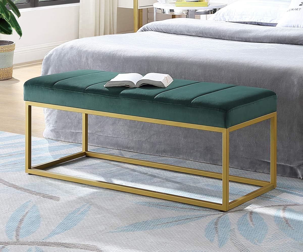 Emerald Velvet Upholstered End of Bed Bench with Metal Frame, Modern Tufted Channel