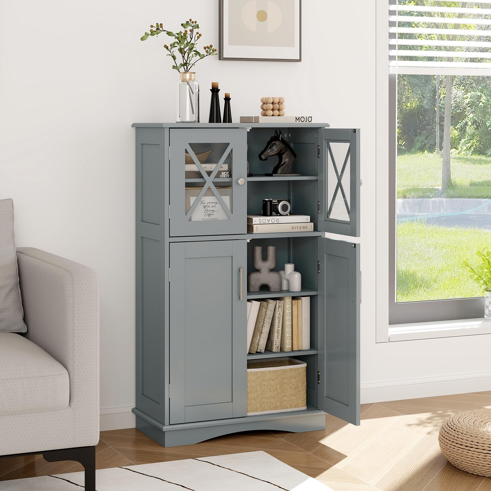Bathroom Floor Storage Cabinet - Linen Floor Cabinet with Doors and Adjustable Shelves