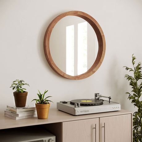 Round Wood Mirror - Natural Wooden Frame, Large Circle Mirror for Wall, Home Decor