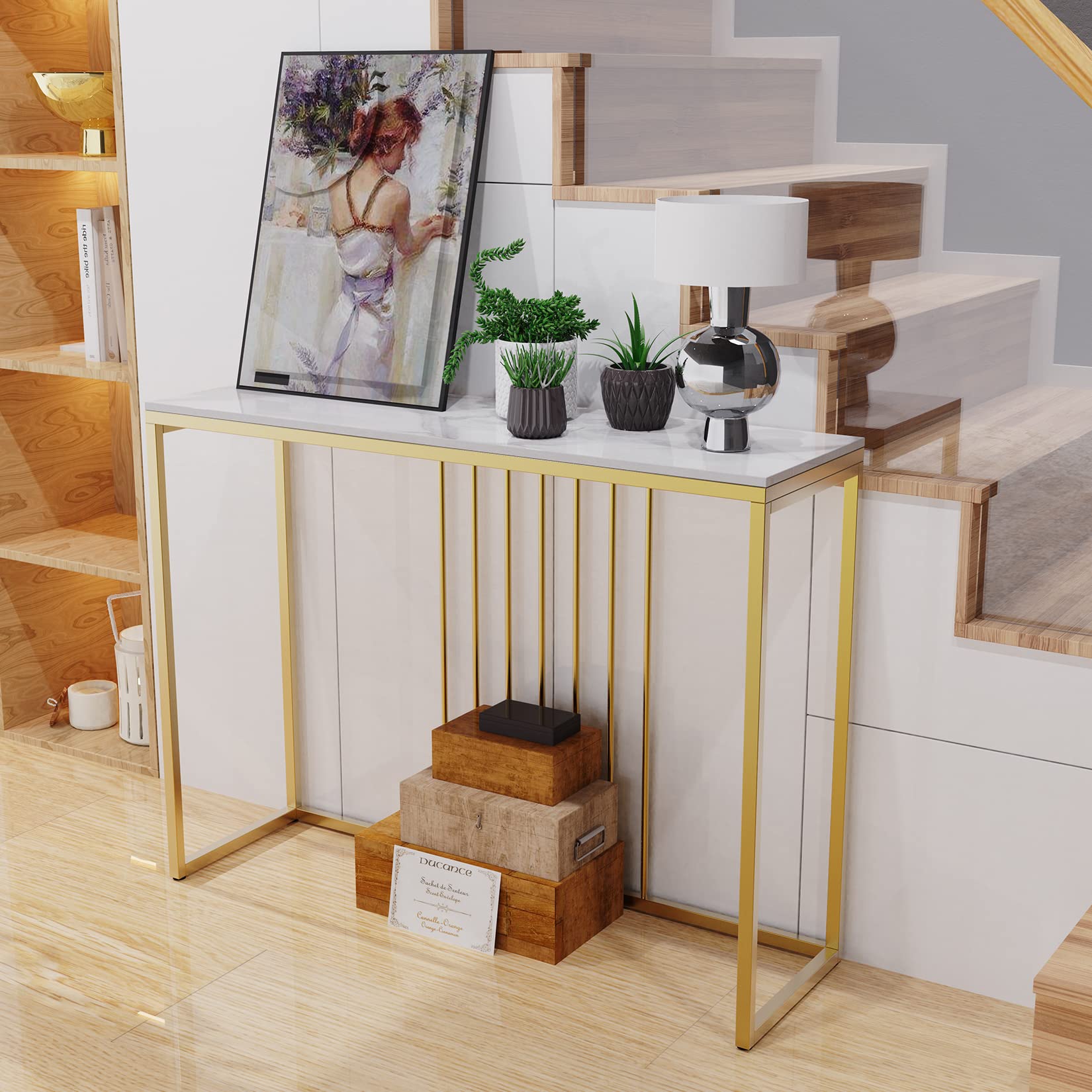 Sintered Stone Console Table: White Entryway Table with Golden Frame - Modern Narrow Table Behind Sofa