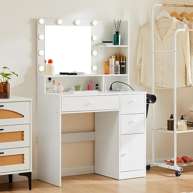 Vanity Desk with Mirror and Power Outlet, Makeup Vanity Table