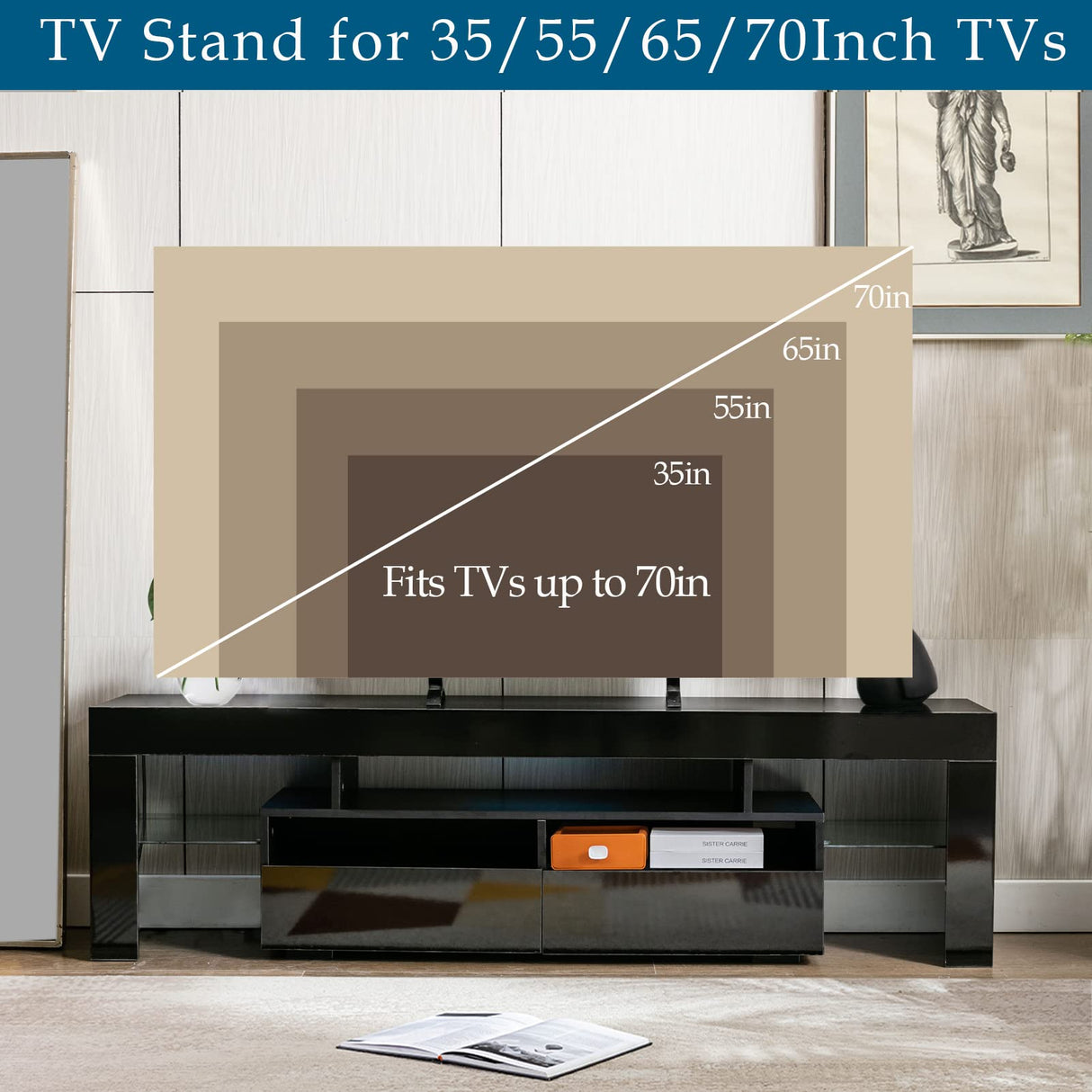 6&Fox LED Black TV Stand Stand for 55/60/65inch TV,Modern Entertainment Center