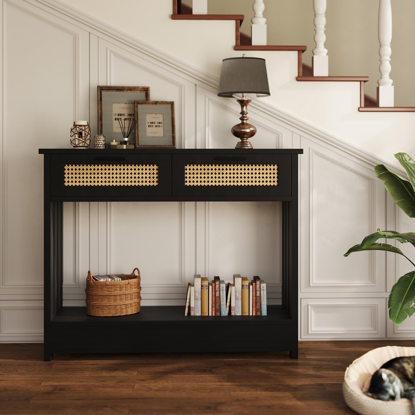Rattan Console Table, 2-Tier Entryway Table with Drawers and Storage 68lbs