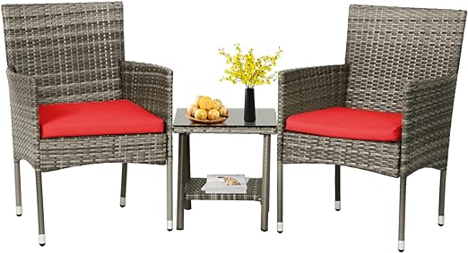 3 Piece Outdoor Furniture Set Patio Gray Wicker Chairs Furniture Bistro Conversation Set 2