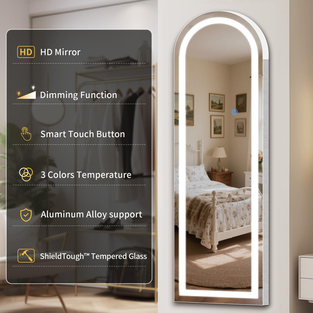 Arch Full Length LED Mirror 56x20 - Standing Floor Mirror with Adjustable Lighting