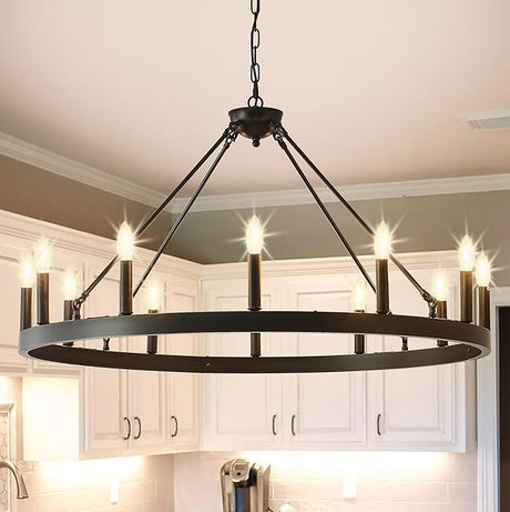 53 Inch Large Black Farmhouse Wagon Wheel Chandelier