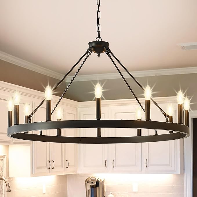 53 Inch Large Black Farmhouse Wagon Wheel Chandelier