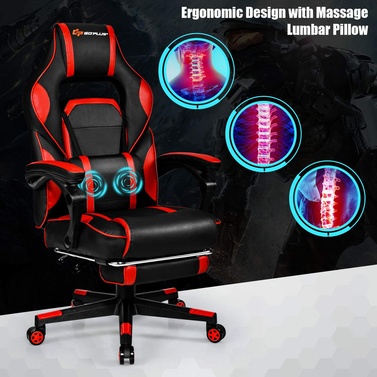 Goplus Massage Gaming Chair, Reclining Backrest, Seat Height Adjustment Racing Computer Office Chair with Footrest, Ergonomic High Back PU Swivel Game Chair (Red)