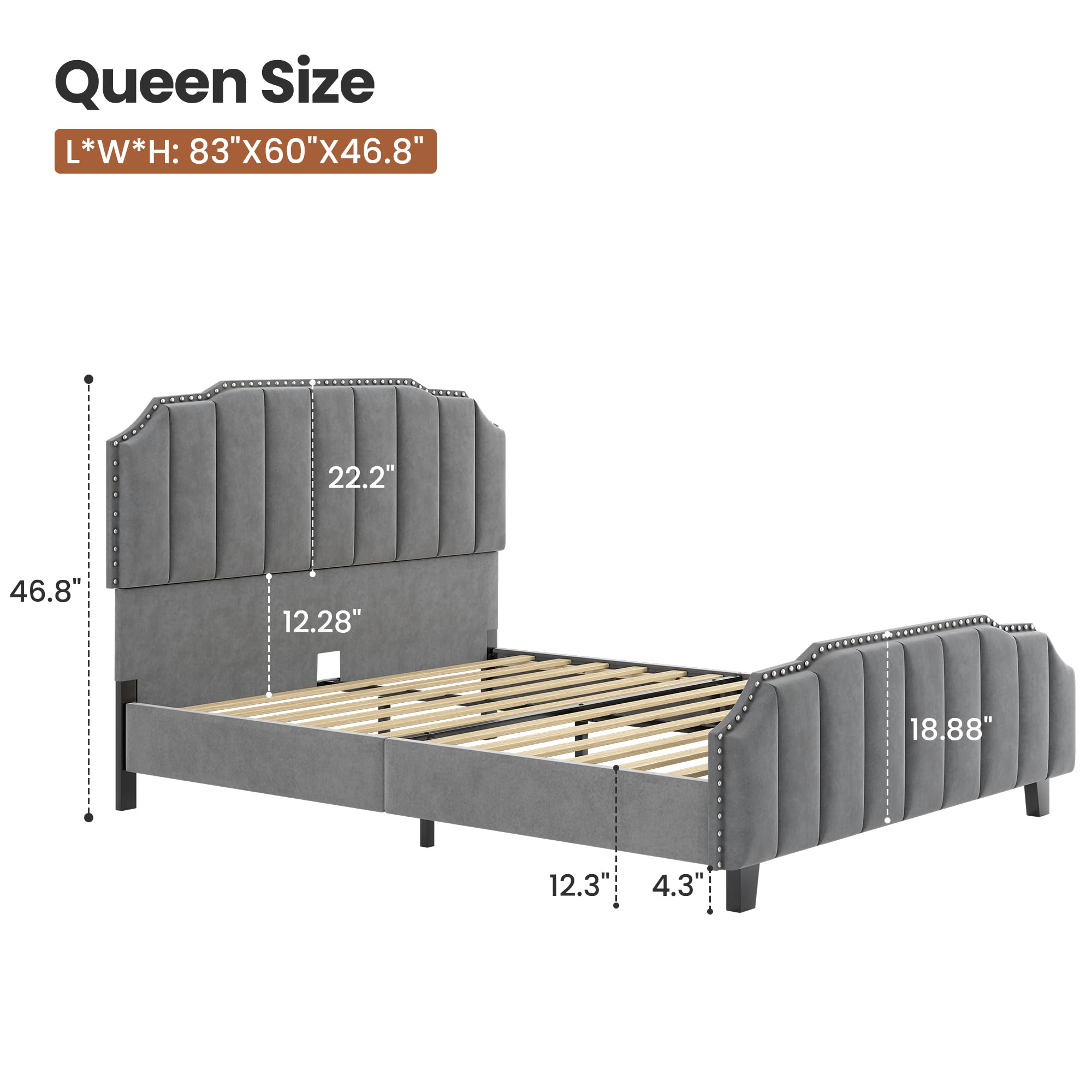 Grey Queen Upholstered Platform Bed Frame with Tall Tufted Headboard