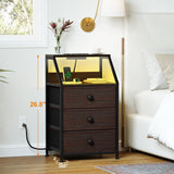 Charging Station and Led Light, Tall Brown Bedside Table