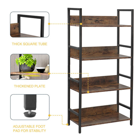 Bookshelf 4 Tier Industrial Bookcase Rustic Wood and Metal Standing Bookshelf