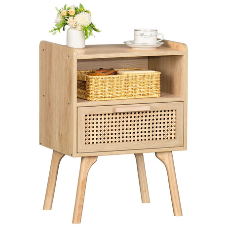 Rattan Nightstand, Boho Side Table with Drawer Open Shelf, Cane Accent Bedside End Table with Solid