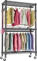 Mini Clothing Rack for Hanging Clothes Heavy Duty with Wheels 3 Tiers Wire Shelving Adjustable