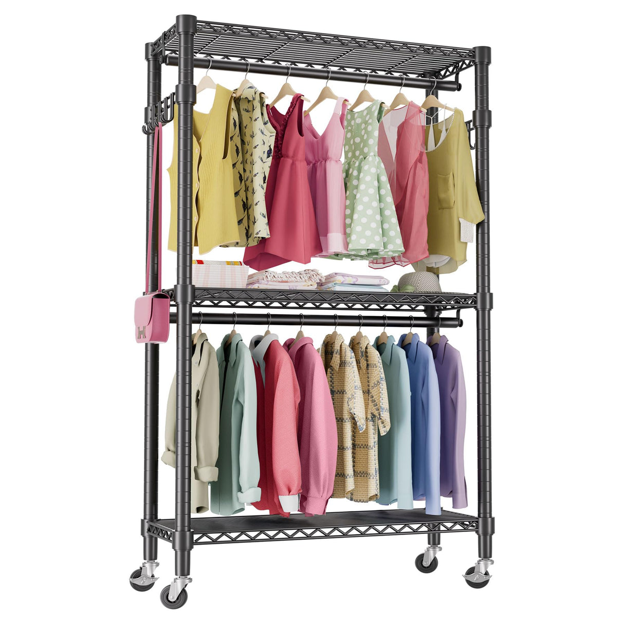 Mini Clothing Rack for Hanging Clothes Heavy Duty with Wheels 3 Tiers Wire Shelving Adjustable