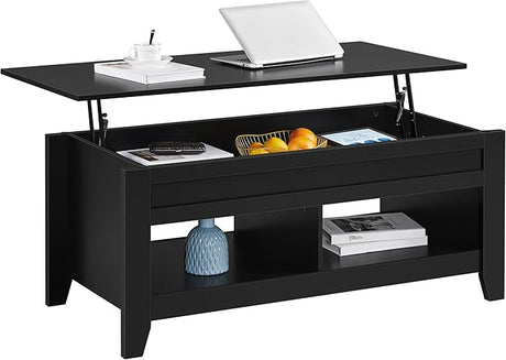 Black Wood Coffee Table Lift Up Coffee Table w/Hidden Storage & 2 Open Shelves