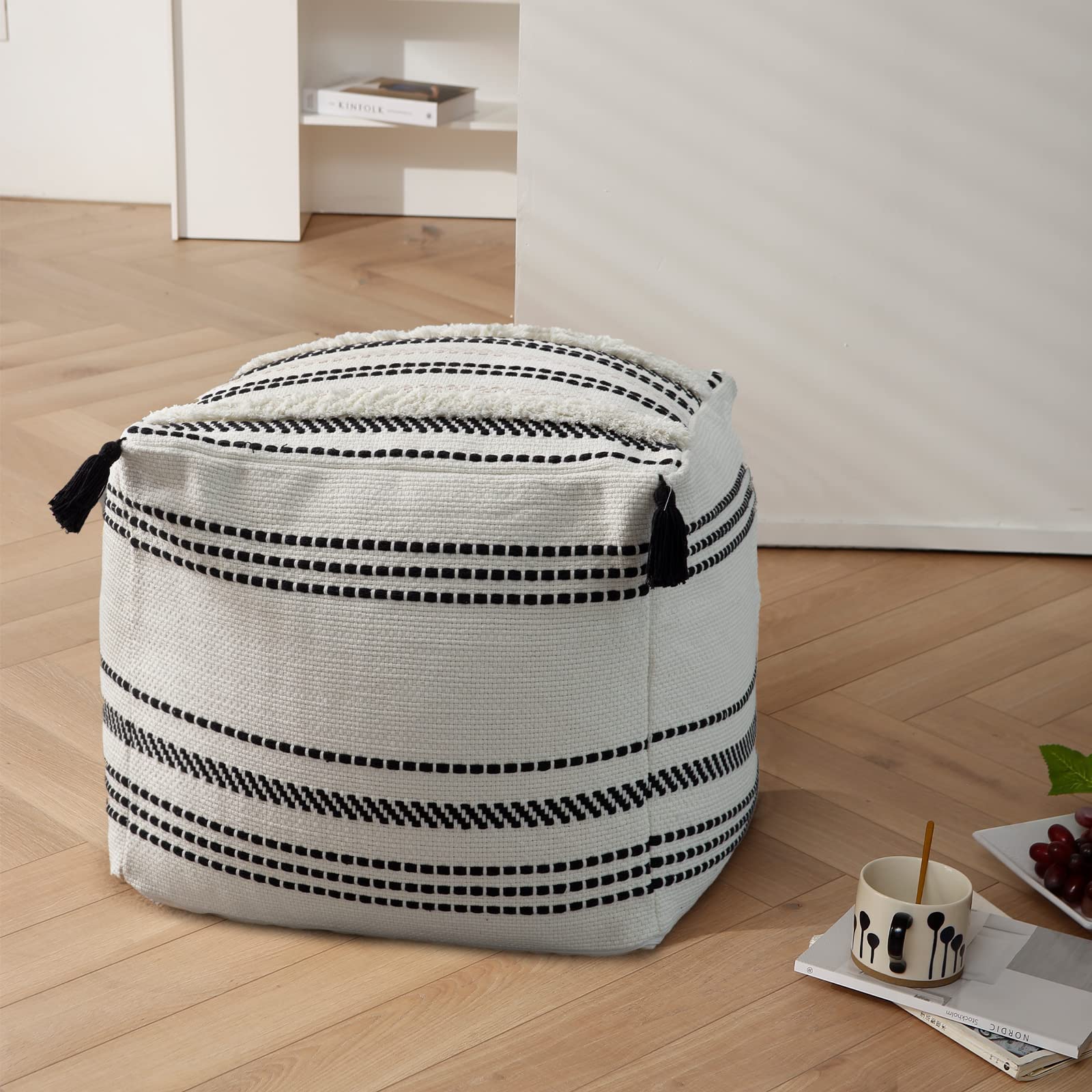 Ottoman Pouf Cover 18x18x16, Square Striped Morocco Tufted Boho Foot Rest with Big