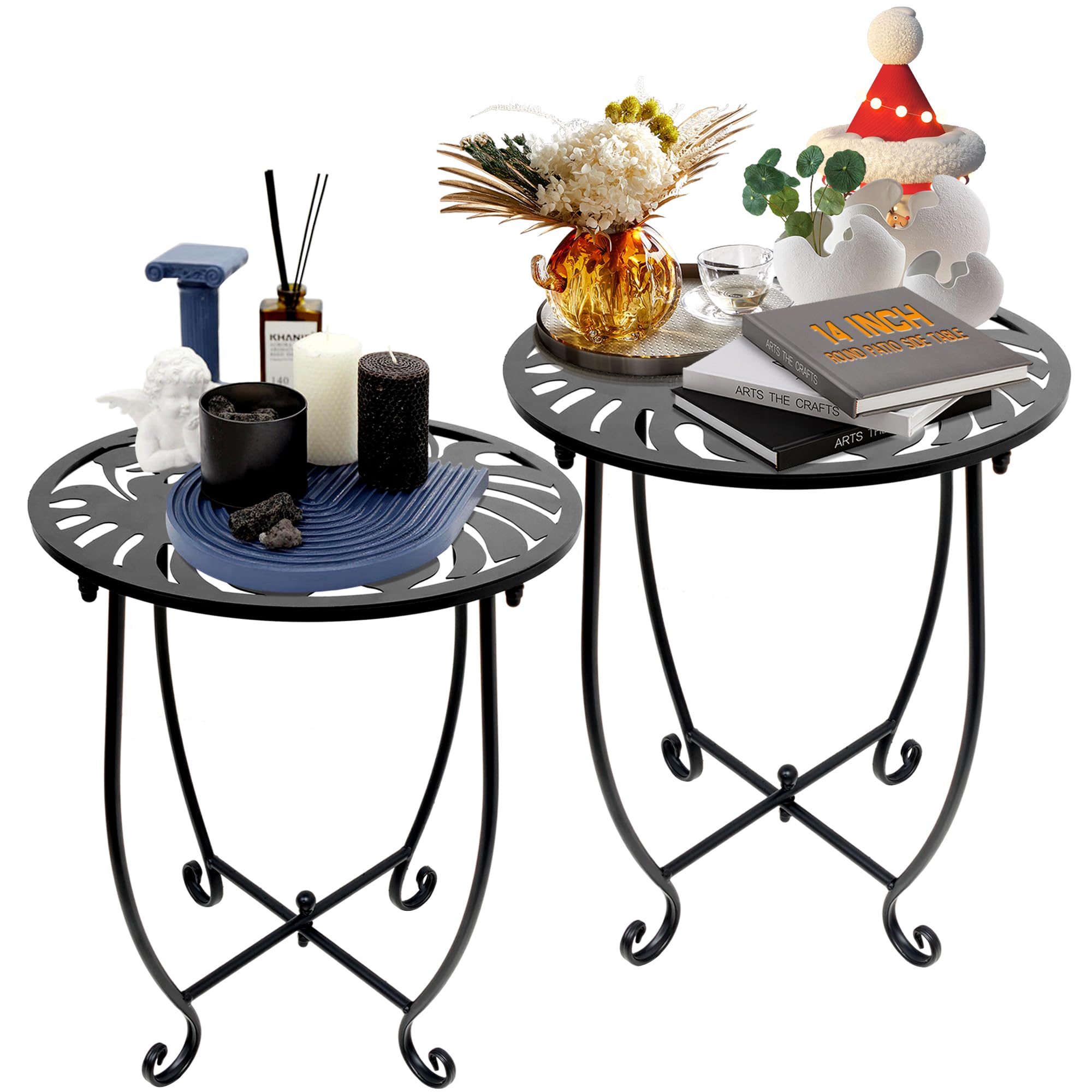 Plant Castle Outdoor Side Table for Small Spaces, 2 Pack 14 Inch Round Metal End Table for Patio Balcony Yard Porch, Anti - Rust Waterproof Accent Table for Indoor Outdoor Use, Easy Assembly - Bircata