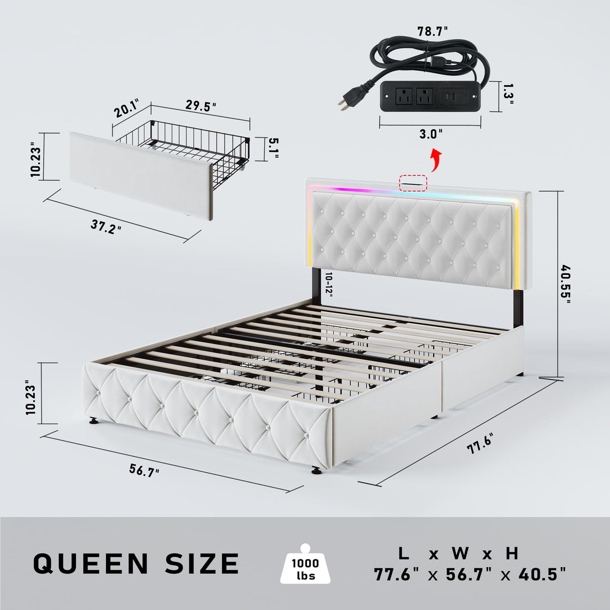 Full Size Bed Frame with Storage - Bed Frame Full with 4 Drawers on Wheel Fast Charging