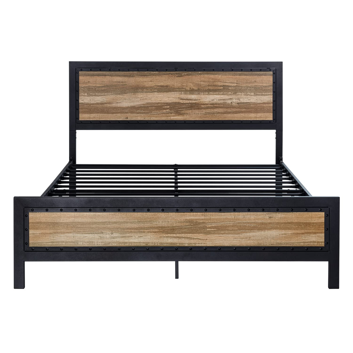 Heavy Duty Metal Bed Frame Queen Size, Platform Bed Frame with Wooden Headboard Footboard,