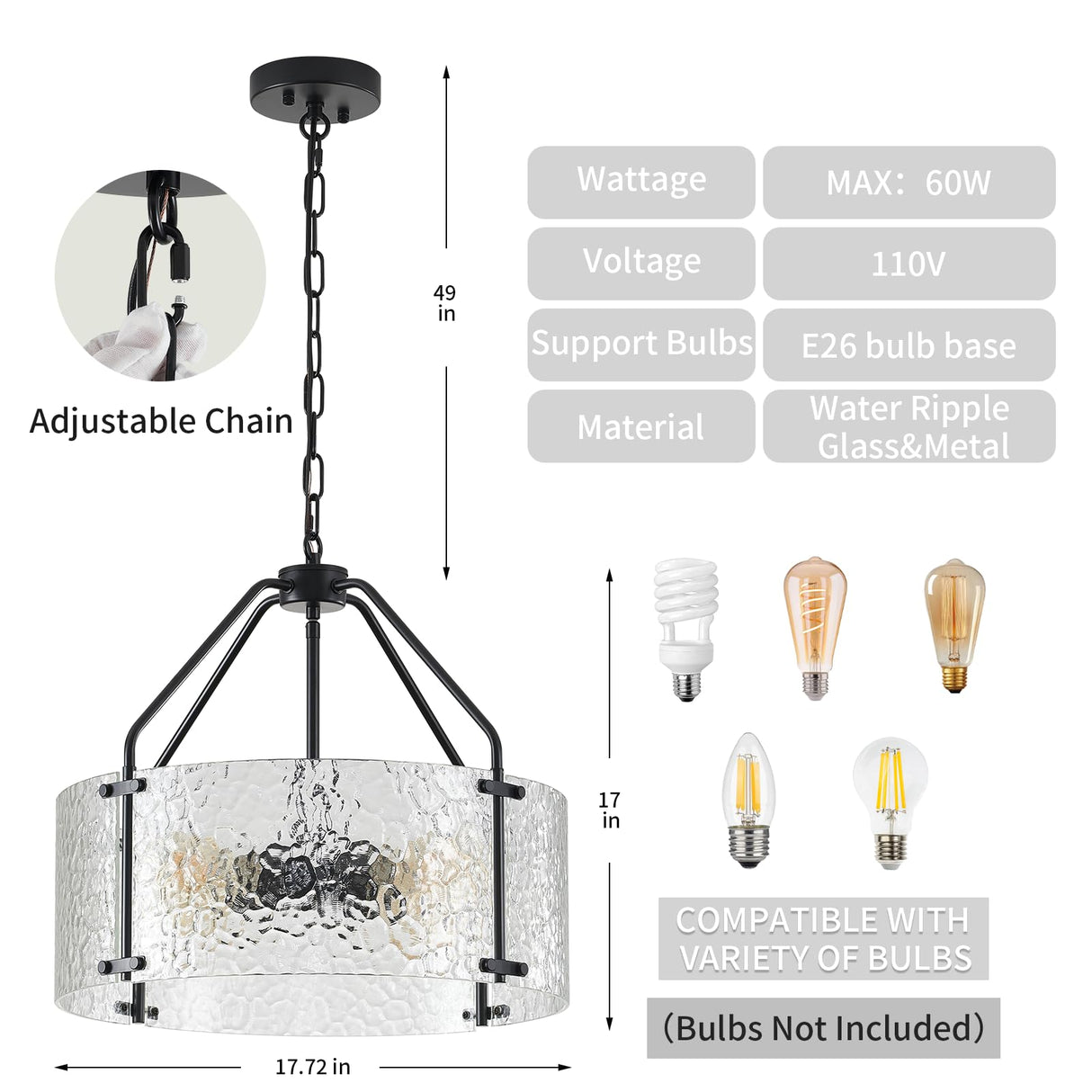 Glass Drum Chandelier for Dining Room 18'' Entryway Light Fixture 4-Light Kitchen