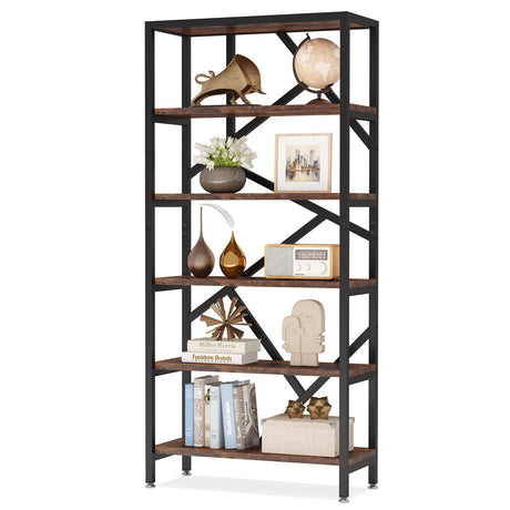 71 Inch Industrial Bookshelf, 6 Shelf Etagere Bookcase, Free Standing Open Book Shelves, Wood Shelving Units Organizer Rack for Living Room, Bedroom, Home Office (Brown & Black)