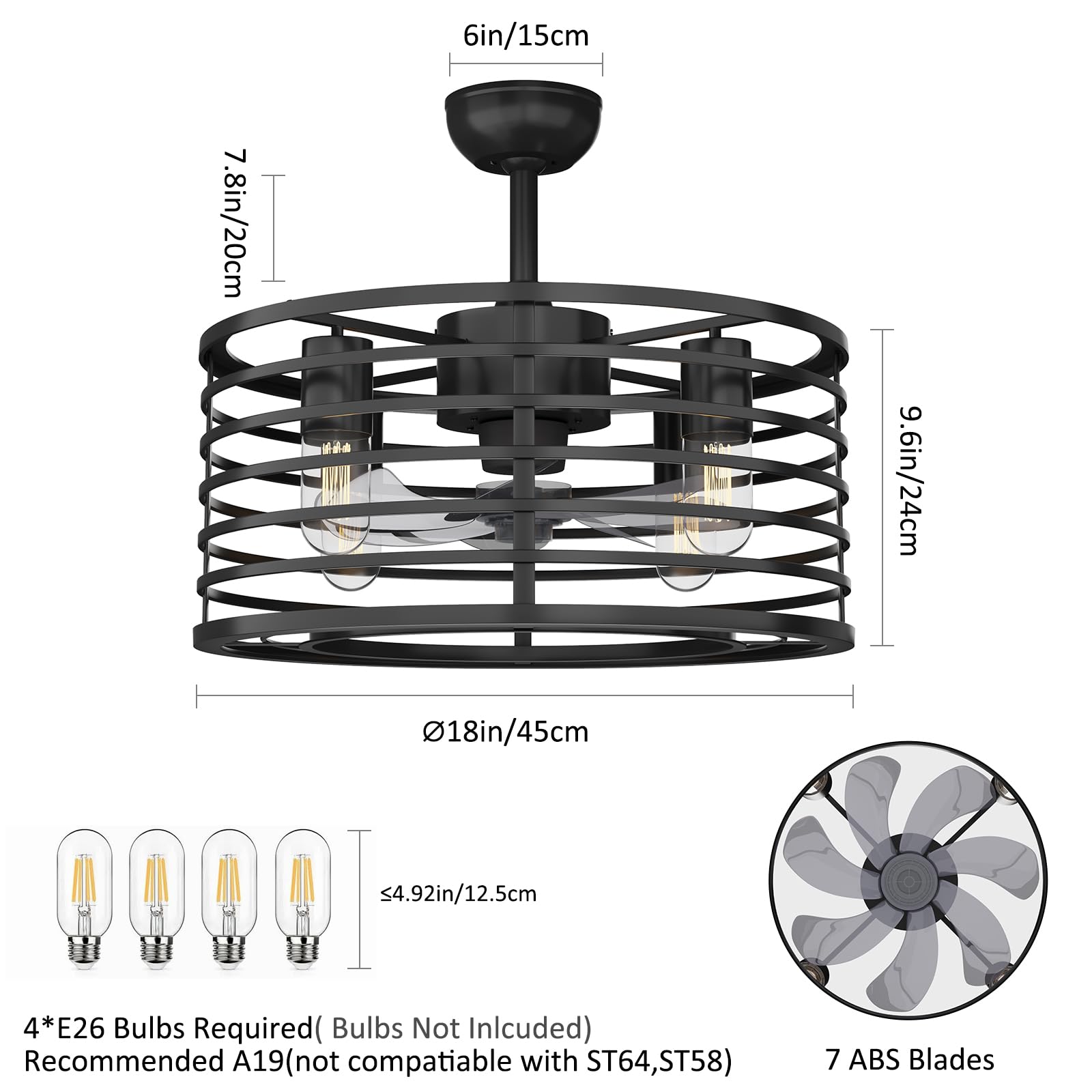18in Black Caged Ceiling Fan With Light, Ceiling Fan Low Profile th Remote Control