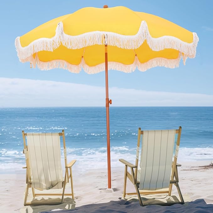 7ft Beach Umbrella with Fringe & Sand Anchor, Outdoor Patio Heavy Duty Windproof Portable