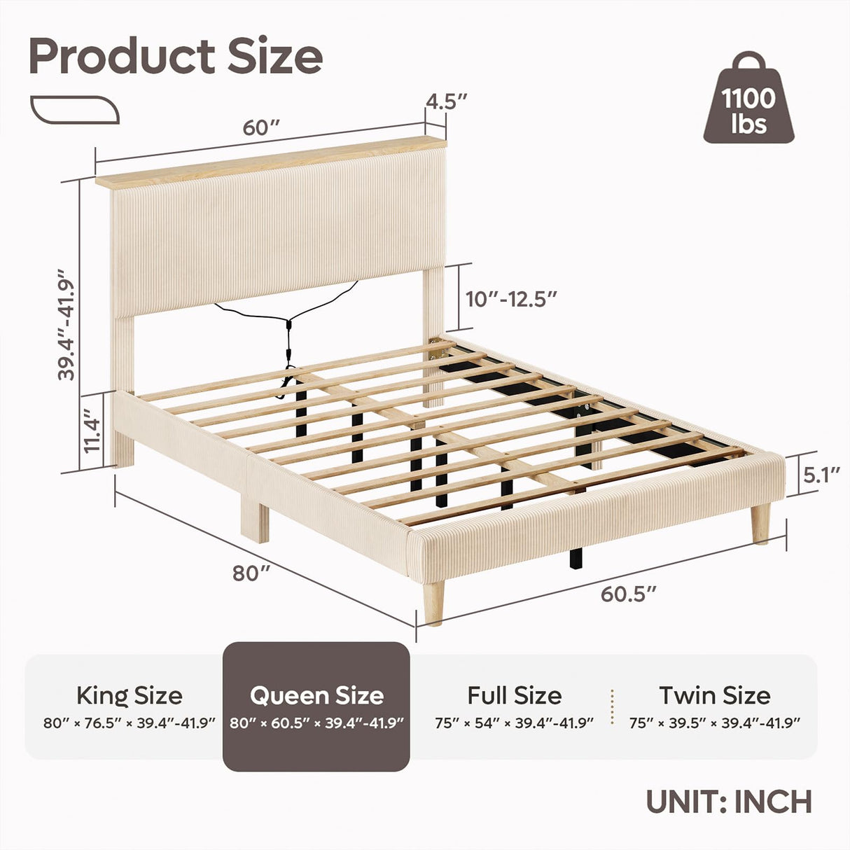 Bestier Queen Corduroy Upholstered Bed Frame with Adjustable Vertical Channel Tufted Headboard, LED Platform Bed with Storage Shelf, Solid Wood Slat Support, No Box Spring Needed, No Squeak(Beige)