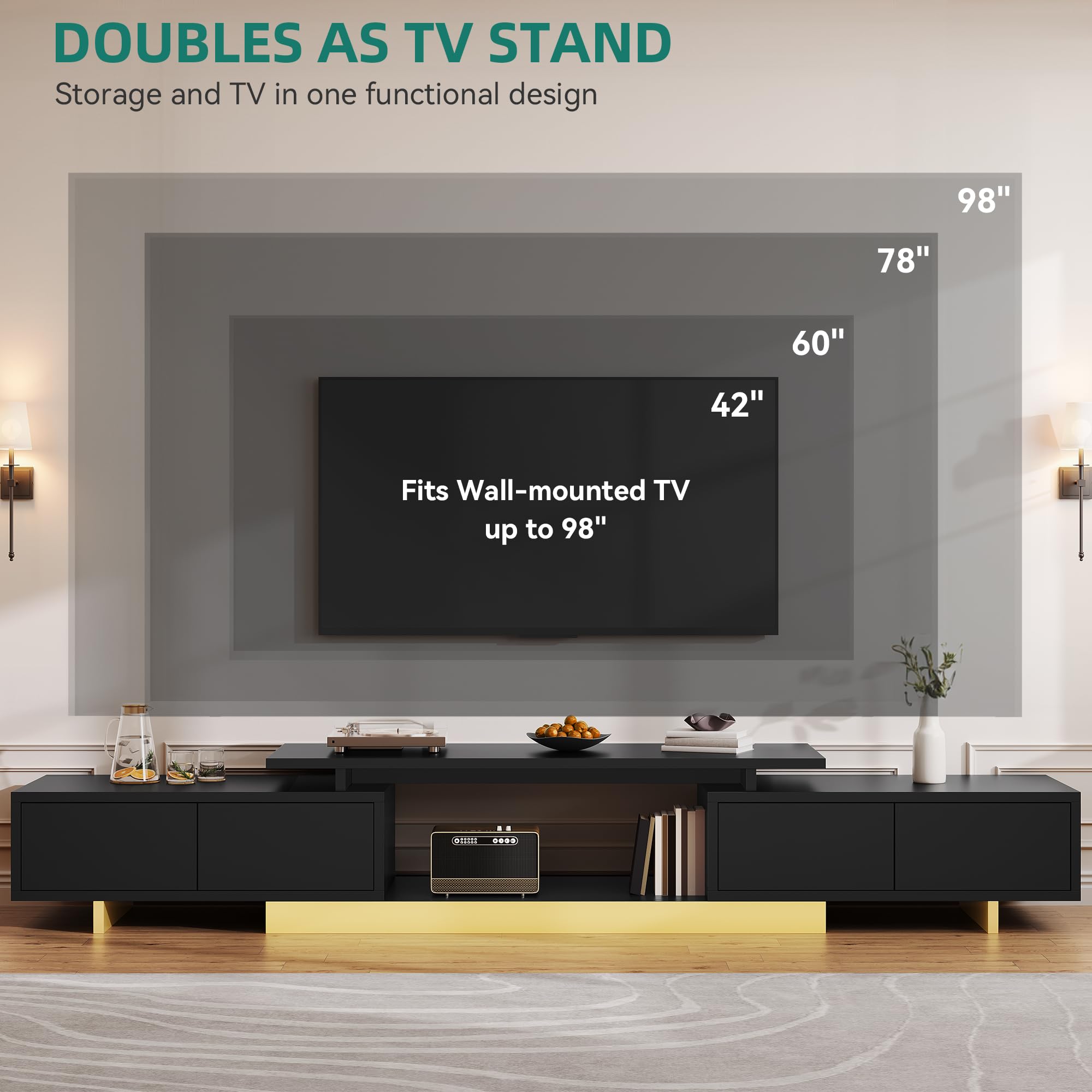 Extendable TV Stand 63-89 Inches with Storage Cabinets - Black
