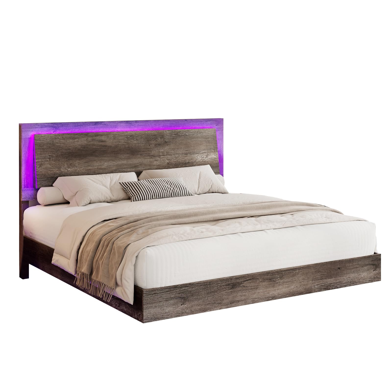 King Size Floating Platform Bed Frame with LED Light and Headboard