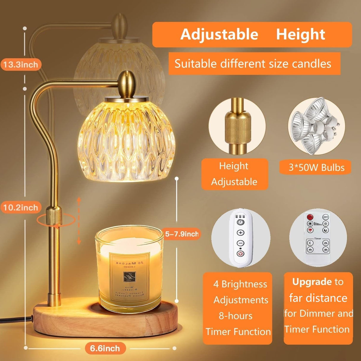 Candle Warmer Lamp with 3 Bulbs,Electric Candle Lamp Warmer with 2-8Hours Timer