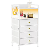 Tall Dresser with 4 Fabric Drawers, White Dresser with LED Light & Charging Station, Small Nightstand Dresser for Bedroom, White