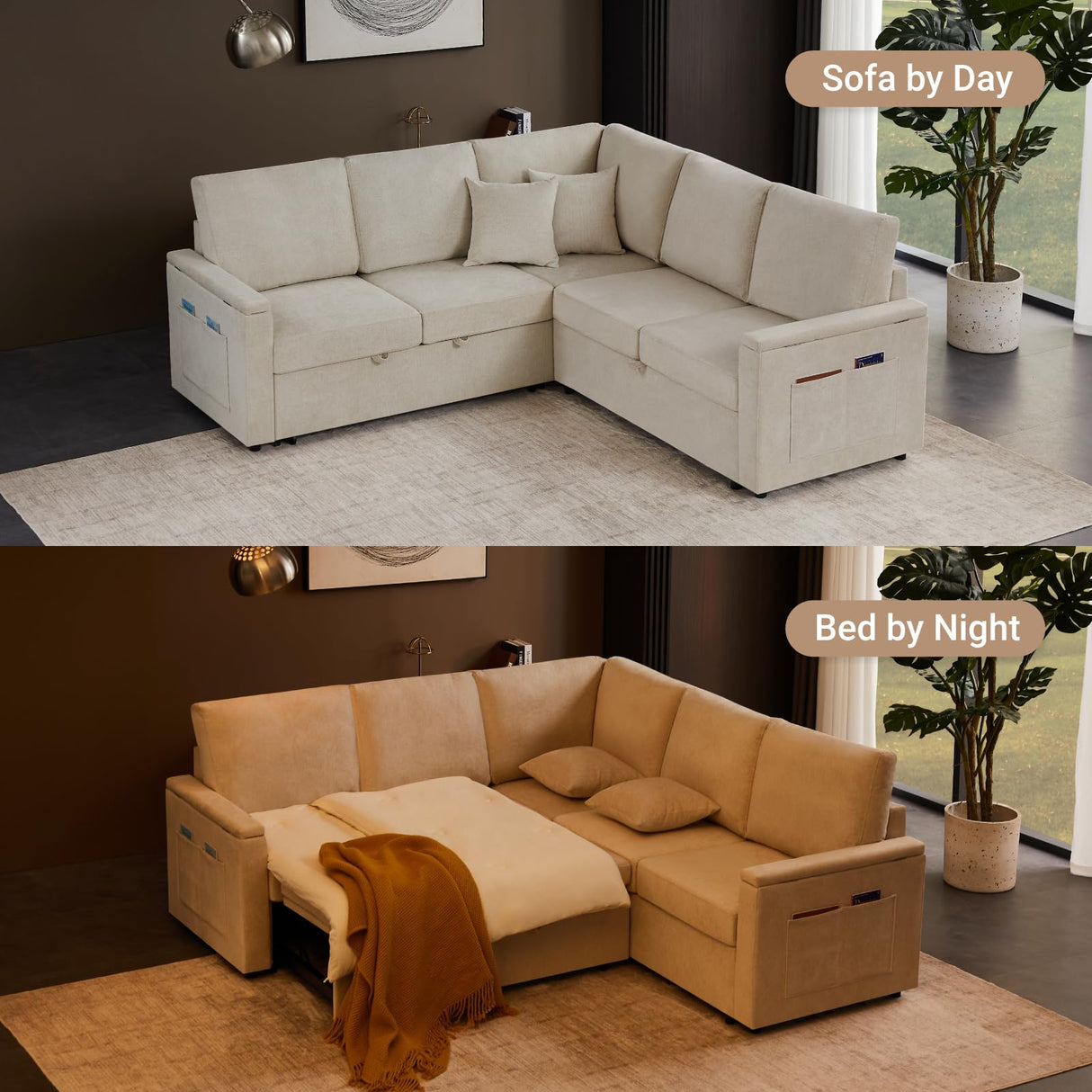 87'' Sectional Sleeper Sofa with Pull Out Bed, 6 Storages U Shaped 5 Seater Modular