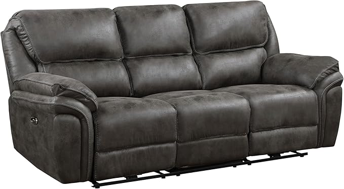 Tony 90 Inch Power Double Recliner Sofa, Gray Microfiber, USB Charging Port