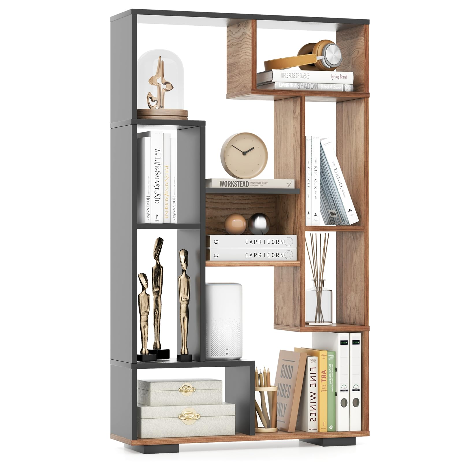 47-Inch Bookshelf, Modern Wooden Geometric Bookcase with Open Shelves, Anti-Tipping Kits, Wood Book Case Shelf, Open Cube Storage Organizer Display Rack for Living Room