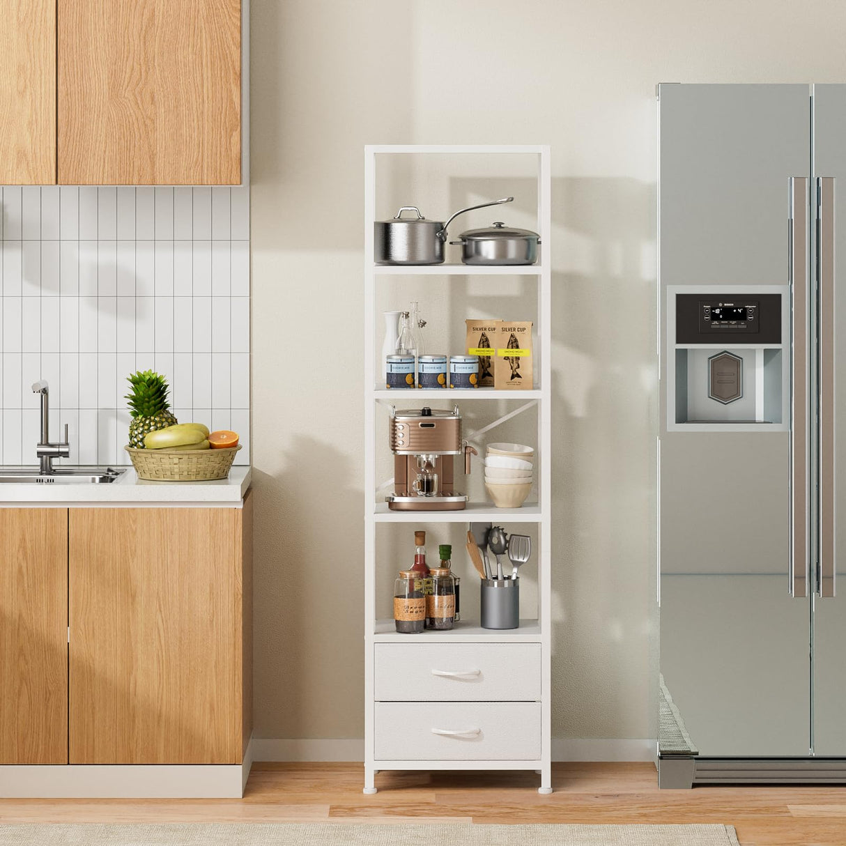 5-Tier Corner Shelf, Narrow Bookshelf with 2 Storage Drawers, Tall Bookcase, Standing