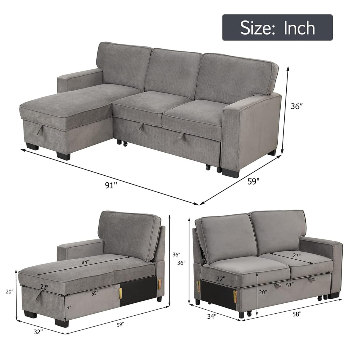 Convertible Sleeper Sofa 3 in 1, L Shaped Sleeper Sofa with Storage Chaise