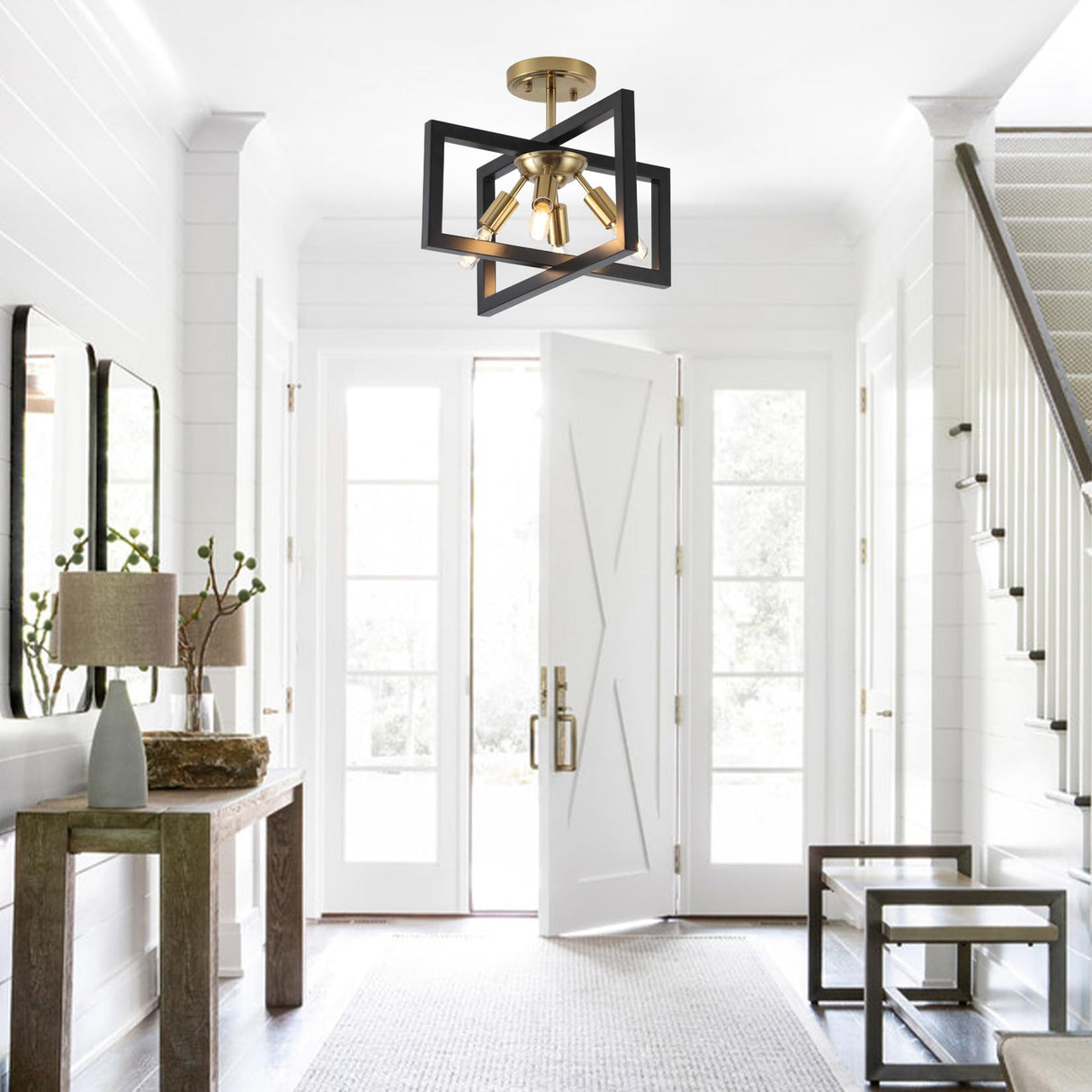 Semi-Flush Mount Ceiling Light - Black and Gold Industrial 4-Light Fixture